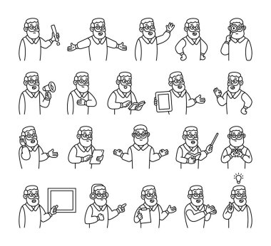 Büyükbaba kılavuz karakter seti eller, kitaplar, işaretler, panolar, cihazlar, duygular, iletişim, sunum, öğretim, okuma, mesaj, semboller, onay, müzik ve anlamlı insan pozları