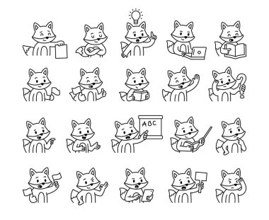 Eğitimsel jestler ve duygusal tepkiler içeren Fox rehber karakteri dizüstü bilgisayar işaretleri tabletleri sizinkiler ve projeleriniz için iletişim araçlarını gösteren işaretler taşıyor.