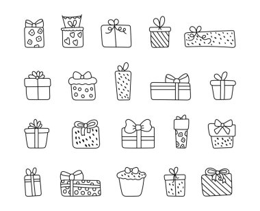 Doğum günü kutlaması sahneleri için dekoratif kurdelelerle hazırlanmış ana hatlı sanat seti hediye paketi, sizin bayramlık parti illüstrasyon ve yaratıcı tasarım projeleriniz için ambalaj kağıdı