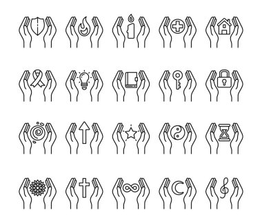 El, alev, mum, ev, anahtar, kilit, kitap, kalkan, ay, kum saati, yıldız, kurdele, üçlü anahtar, mandala ve sonsuzluk içeren soyut elementler kümesi.