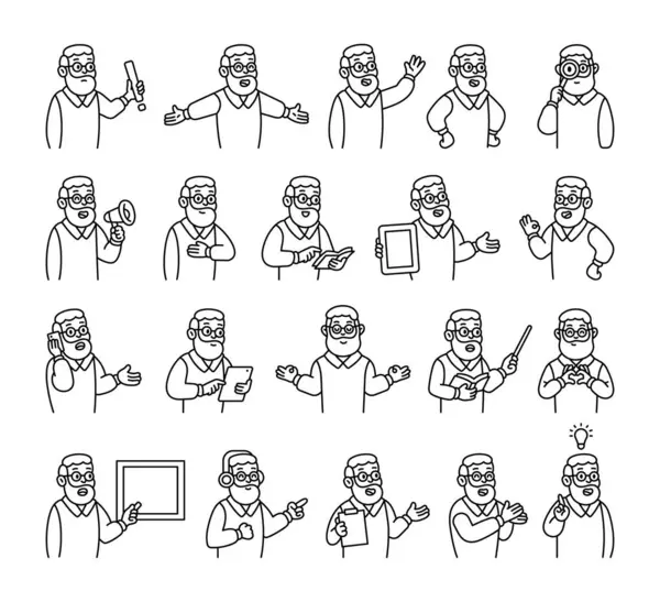 Büyükbaba kılavuz karakter seti eller, kitaplar, işaretler, panolar, cihazlar, duygular, iletişim, sunum, öğretim, okuma, mesaj, semboller, onay, müzik ve anlamlı insan pozları