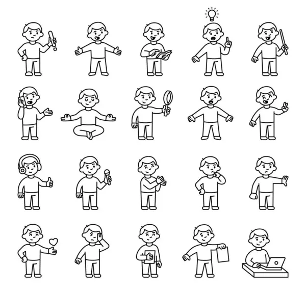 Çocuk kılavuz karakter seti, çeşitli eğitimsel iletişim pozlarını gösteren, kitap belgeli dizüstü bilgisayarla konuşan, düşünce kalbi sembolü düşünen ve sizinkiler için jestleri durduran projeler tasarlıyor.