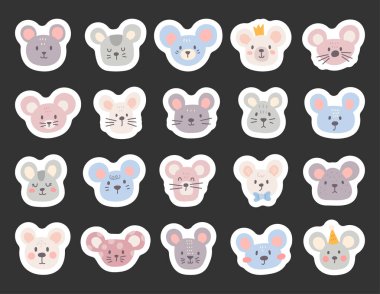 Çekici çizgi film fare suratı seti ve İskandinav tarzı sevimli hayvan dostu karakter başı çizimleriniz ve yaratıcı tasarım projeleriniz için oluşturuldu.
