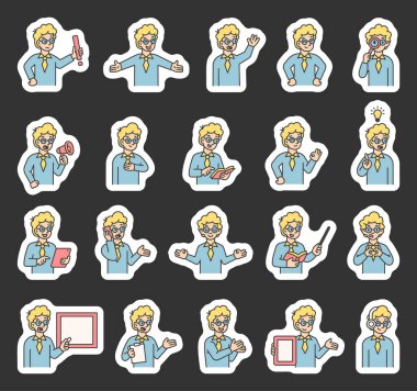 Elleri, kitapları, tabelaları, cihazları, duyguları, iletişimi, sunumu, eğitimi, mesajı, sembolleri, onayı, müziği ve anlamlı insan pozlarını içeren çocuk kılavuz karakteri.