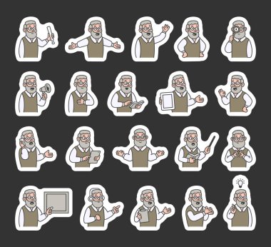 Büyükbaba kılavuz karakter seti eller, kitaplar, işaretler, panolar, cihazlar, duygular, iletişim, sunum, öğretim, okuma, mesaj, semboller, onay, müzik ve anlamlı insan pozları