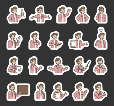 Elleri, kitapları, tabelaları, cihazları, duyguları, iletişimi, sunumu, eğitimi, mesajı, sembolleri, onayı, müziği ve anlamlı insan pozları ile insan kılavuzu karakter seti