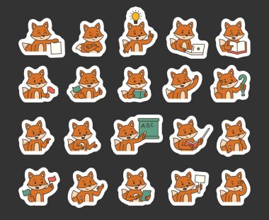 Eğitimsel jestler ve duygusal tepkiler içeren Fox rehber karakteri dizüstü bilgisayar işaretleri tabletleri sizinkiler ve projeleriniz için iletişim araçlarını gösteren işaretler taşıyor.