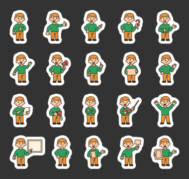 Çocuk rehber karakter tablet, işaretçi, işaretler, jestler, duygular, ifade, duruş ve iletişim sembolleri ile sizin çizimleriniz ve yaratıcı tasarım projeleriniz için ayarlandı