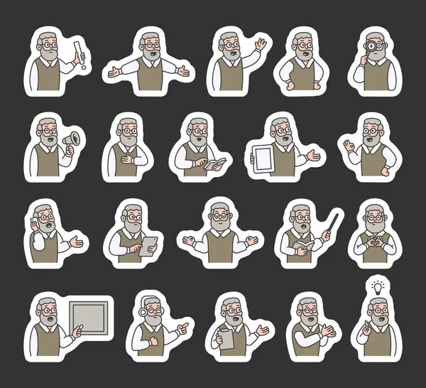 Büyükbaba kılavuz karakter seti eller, kitaplar, işaretler, panolar, cihazlar, duygular, iletişim, sunum, öğretim, okuma, mesaj, semboller, onay, müzik ve anlamlı insan pozları