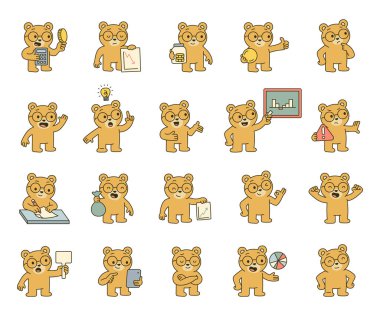 Çeşitli el pozisyonları, ofis ekipmanları, duygu tipleri, iletişim sembolleri ve eğitimsel iş tavsiyeleri için kendinden emin duruş içeren ayı kılavuz finans eğitmeni karakter seti