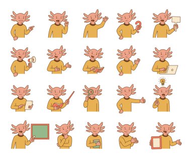 Axolotl kılavuz karakter seti kitaplarla, aygıtlarla, konuşmalarla ve çeşitli düşünceli öğretim elemanlarıyla farklı eğitim jestlerini gösteriyor illüstrasyon ve yaratıcı tasarım projeleriniz için