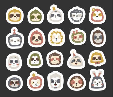 Çekici çizgi film tembeli yüz seti ve İskandinav tarzı sevimli hayvan dostu karakter başı illüstrasyon ve yaratıcı tasarım projeleriniz için oluşturuldu.