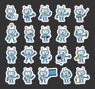 Robot kılavuz karakter, öğretme ve iletişim senaryoları, dizüstü bilgisayar, kitap, işaret, ekran tableti, onay, fikir, el hareketleri ve duygusal tepkiler gibi çeşitli senaryolar dizisi