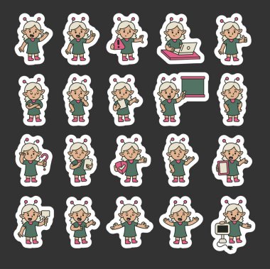 Elf karakter rehberi çoklu iletişim eylemleri ve fikirleri açıklamak, sorular sormak ve sizin projeleriniz için mesajları açıkça iletmek için anlamlı eğitim pozları ile ayarlandı