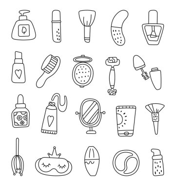 Makyaj, masaj, rahatlama, tırnak bakım, köpük yıkama ve projeleriniz için günlük güzellik programları içeren cilt bakım ürünleri ve hijyen ürünleri içeren ana hatlı estetik bakım seti.