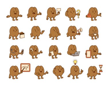 Kahve çekirdeği rehber seti çeşitli duyguları gösterir, işaretler tutar, gösterir, öğretir, öğretir, düşünür ve fikirlerinizi açıklar illüstrasyon ve yaratıcı tasarım projeleri.