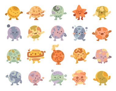 Sevimli çizgi film gezegenleri, İskandinav tarzı karakter pozları ve kozmik uzayda gezen elementleri gösteren eğitici illüstrasyon yaratıcı projeleri için astronomi temalı çizimler hazırlarlar.