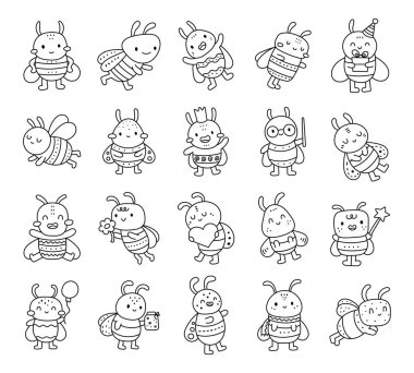 Ana hatlarıyla çizilmiş sevimli çizgi film karakteri ve çeşitli pozlar. Taç, gözlük, hediye, sihirli değnek, balon, bal kavanozu ve çocuk tasarımı için kalp.