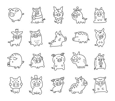 Çekici çizgi film domuz seti sanat için yaratıldı ve senin resimlerin ve yaratıcı tasarım projelerin için sevimli hayvan dostu karakter ile ana hatlarını çizdi.