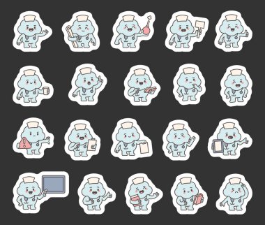 Bulut rehberi karakter, hemşire şapkası ve steteskop, hastane eğitimi, eğitim ve sağlık desteği temaları için farklı tıbbi jestler ve pozlar sunar.