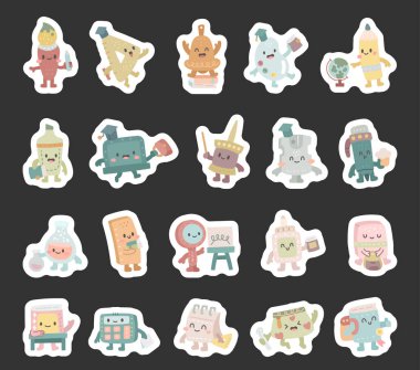 Okul karatahta, kitap, cetvel, silgi, takvim, yapıştırıcı, kalem, keskinleştirici, fırça ile İskandinav tarzında ayarlanmış karakter sağlar. İşaret, çan, palet, matara, kalem.