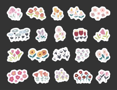 İskandinav tarzında hazırlanmış çiçek çayırları, bitki resimlerini ve doğal temalı yaratıcı tasarım projelerini geliştirmek için tasarlanmış çiçek açan elementler ve dekoratif yaprakları içerir.