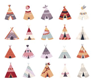 Kızılderili çadır kampı İskandinav tarzında geleneksel kabile orman kulübeleriyle yerli açık hava, vahşi doğa barınağı ve doğal dekoratif çizim projeleri için kurulmuştur.