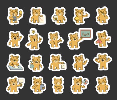 Çeşitli el pozisyonları, ofis ekipmanları, duygu tipleri, iletişim sembolleri ve eğitimsel iş tavsiyeleri için kendinden emin duruş içeren ayı kılavuz finans eğitmeni karakter seti