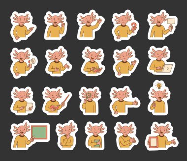 Axolotl kılavuz karakter seti kitaplarla, aygıtlarla, konuşmalarla ve çeşitli düşünceli öğretim elemanlarıyla farklı eğitim jestlerini gösteriyor illüstrasyon ve yaratıcı tasarım projeleriniz için