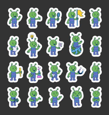 Yabancı kılavuz karakter seti farklı öğretim anlarını gösteriyor. El işaretleri, bilimsel araçlar, iletişim jestleri, güven ve sizin illüstrasyonunuz ve yaratıcı tasarım projeleriniz için keşif.