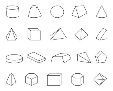 Geometrik şekil, okul eğitimi, sınıf eğitimi, matematik gelişimi ve görsel öğretim materyalleri ve yaratıcı tasarım projeleriniz için tasarlanmış çeşitli formlarla ana hat sanatında belirlenmiştir.