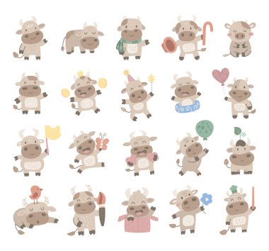 İnek çizgi film karakteri İskandinav tarzı büyüleyici hayvanlarda geçiyor. Aksesuar takıyor, oturuyor, dinleniyor, uyuyor, selamlıyor, ayakta duruyor, gülümsüyor. Tatil ve günlük tasarım projeleri için poz veriyor.