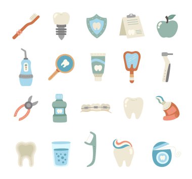 Tıbbi temalı illüstrasyon ve yaratıcı tasarım projeleriniz için ağız bakım araçları ve hijyen unsurlarının karikatürü içeren sevimli İskandinav tarzı diş ürünleri.
