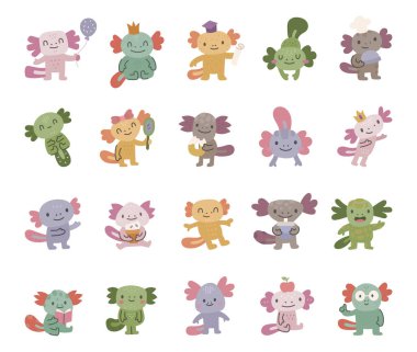 Axolotl karakteri İskandinav tarzında ayarlandı. Mezuniyet şapkası, gözlüğü, balonu, kitabı, yemeği, içeceği ve yaratıcı tasarım projeleriniz için büyüleyici pozları olan sevimli hayvanlar.