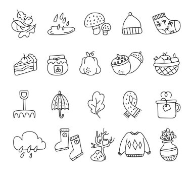 Yaprak, yiyecek, giyecek, araç gereç, hava sembolleri, illüstrasyonunuz ve yaratıcı tasarım projeleriniz için bitkiler sunan özet sanat doğasında sonbahar sezonu seti