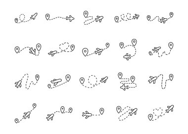 Seyahat yolları, noktalı uçuş çizgileri, harita çizimleri ve yaratıcı tasarım projeleri için konum iğneleri ve havacılık sembolleri ile uçak rotası yönünü ana hat sanatına ayarlayın.
