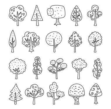 Dekoratif botanik illüstrasyon ve yaratıcı doğa tasarım projeleri için yaprak şekilleri ve doğal orman unsurları içeren ana hatlı sanat seti.