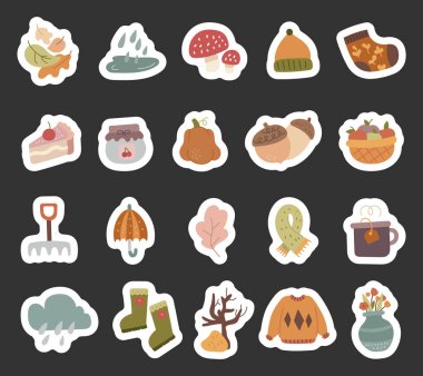 İskandinav tarzında sonbahar sezonu seti yeşillik, yiyecek, giysi, araç gereç, hava sembolleri, illüstrasyonunuz ve yaratıcı tasarım projeleriniz için bitkiler