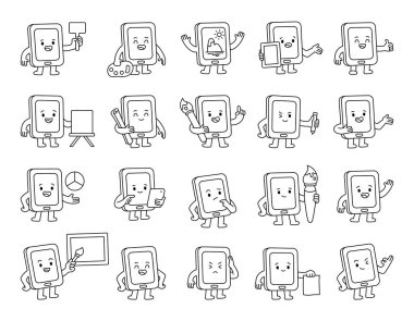 Tablet kılavuz karakter seti çeşitli eğitimsel ve duygusal pozları işaretler, araçlar, grafikler ve iletişim için jestler ve çizimleriniz ve yaratıcı tasarım projeleriniz için talimatlar ile gösterir