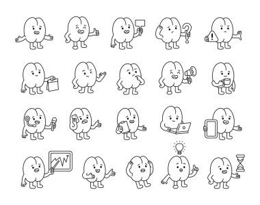 Kahve çekirdeği rehber seti çeşitli duyguları gösterir, işaretler tutar, gösterir, öğretir, öğretir, düşünür ve fikirlerinizi açıklar illüstrasyon ve yaratıcı tasarım projeleri.