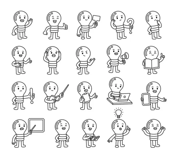 Faydalı fikirleri, duygusal tepkileri, çeşitli el işaretlerini ve eğitim araçlarını gösteren ampul kılavuz karakter seti sizinki için farklı öğrenme durumlarında projeler dizayn eder