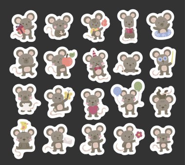 Büyüleyici İskandinav tarzında bir fare karakteri, sevimli çizgi film kemirgenleri hediye, çiçek, mektup, kitap, balon tutuyor ve yaratıcı tasarım projelerinde parti şapkası takıyor.