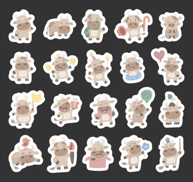 İnek çizgi film karakteri İskandinav tarzı büyüleyici hayvanlarda geçiyor. Aksesuar takıyor, oturuyor, dinleniyor, uyuyor, selamlıyor, ayakta duruyor, gülümsüyor. Tatil ve günlük tasarım projeleri için poz veriyor.