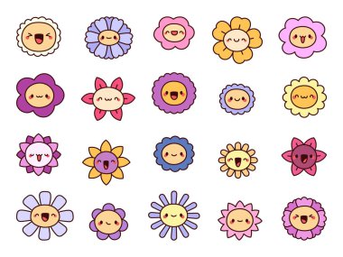 Çiçek karakteri sevimli kawaii seti botanik karikatür sembolleri kullanılarak oluşturuldu çiçek açan şekiller gülümseme dekorasyonu illüstrasyon ve yaratıcı tasarım projeleri
