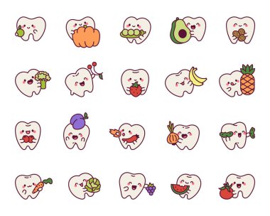 Meyveli ve sebzeli sevimli kawai karakteri. Mutlu yüzler, resimleriniz ve yaratıcı tasarım projeleriniz için neşeli duygular gösteriyor.