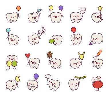 Diş balonu sevimli kawaii karakter seti. Sevimli gülümseyen duygular ve çeşitli tutuş pozları var. Kutlama partisi dekorasyonu, doğum günü illüstrasyonları ve projelerin için.