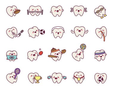 Diş sporu sevimli kawaii karakter set ekipman kullanarak ve farklı dinamik rekabetçi spor çizgi film sahnelerinde duygularını göstererek resimleme ve yaratıcı tasarım projeleriniz için