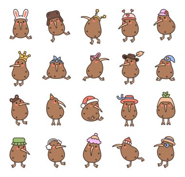 Kivi kuşları sevimli kawaii karakter seti farklı pozlarda çeşitli komik şapkalar giyiyor ve sevimli karikatür için ruh halleri ve illüstrasyon ve yaratıcı tasarım projeleriniz için