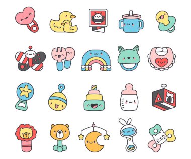 Sevimli emzik seti, çıngırak, şişe, mobil, ördek, kitap, çevirme, kaşık, önlük, kupa, gökkuşağı, ip, piramit, küp, ay, kelebek