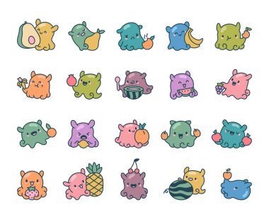 Dumbo ahtapot meyveli tatlı kawaii karakter seti farklı yemekler tutan ve mutlu bir şekilde gülümseyen sevimli deniz hayvanlarını gösteriyor, çizimler ve yaratıcı tasarım projeleriniz için.
